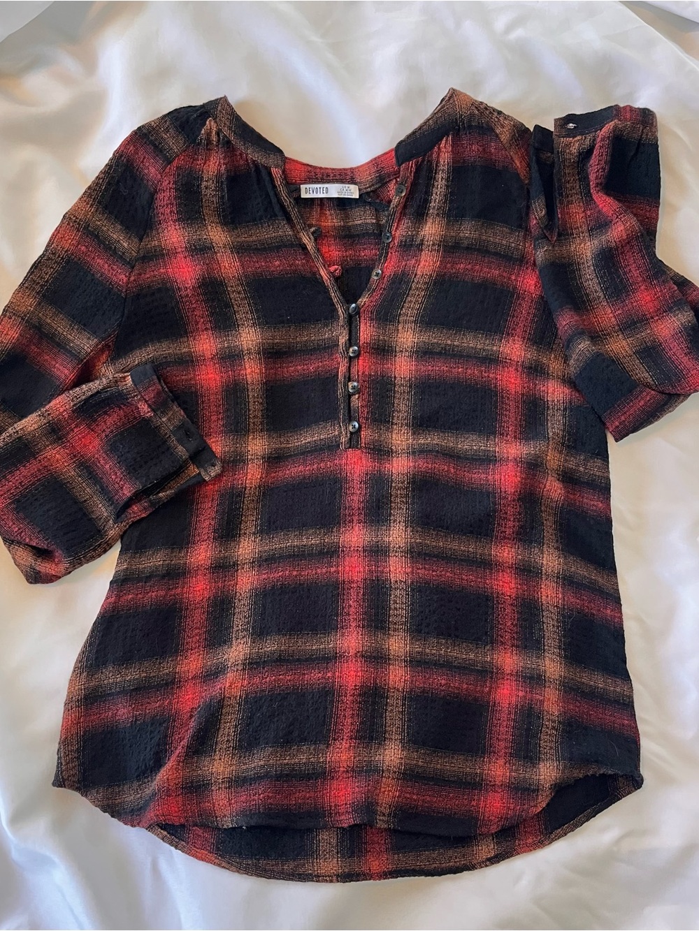Devoted Plaid Henley Blouse in Black, Red & Brown